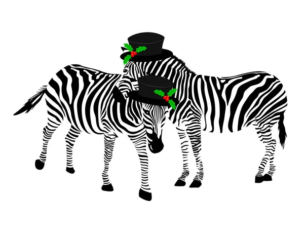 Deux Zèbres Portant Chapeau Noir Blanc Illustration Vectorielle Isolée Sur — Image vectorielle