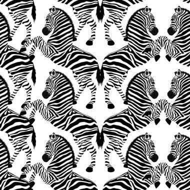 Zebra seamless modeli. Vahşi hayvan, çizgili siyah ve beyaz. tasarım moda kumaş dokusu. Beyaz arka plan üzerinde izole vektör çizim.