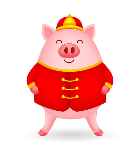 面白い漫画豚の文字が中国の衣装を身に着けています 幸せな中国の新年のコンセプトです 幸福豚の立っています 白い背景で隔離の図 — ストックベクタ