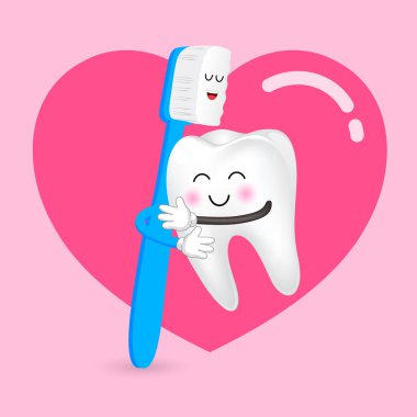 Sevimli çizgi diş fırçası ile karakter sarılmak. Sevgililer günün kutlu olsun. Vektör illüstrasyon izole, pembe arka plan.