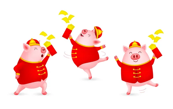 面白い漫画豚の文字が中国の衣装を身に着けています 幸せな中国の新年のコンセプトです 踊る幸せ貯金箱 白い背景で隔離の図 — ストックベクタ