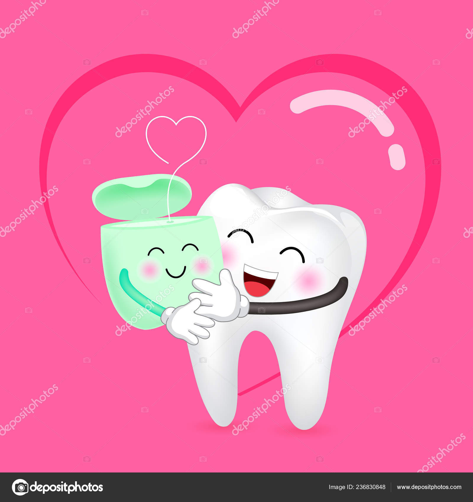 Cute Cartoon Tooth Dental Floss Love Dental Care Concept Happy Stock Vector  Image by ©wowow #236830848