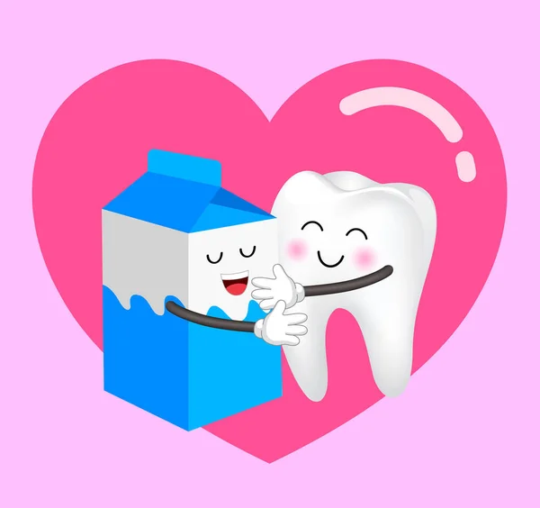 Χαριτωμένο Κινούμενα Γάλα Κουτί Και Δόντι Στην Αγάπη Οδοντιατρική Φροντίδα — Διανυσματικό Αρχείο