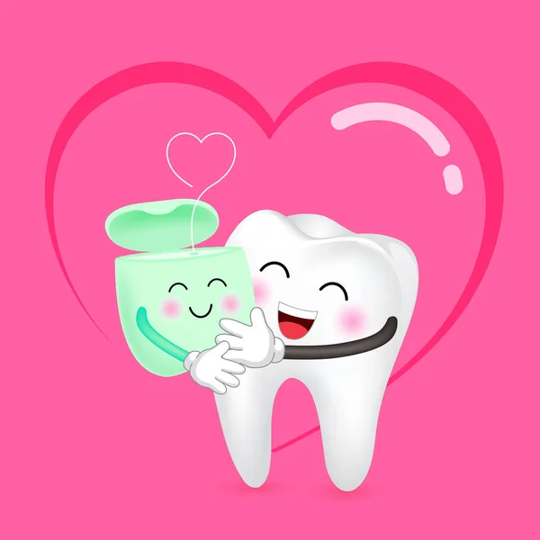 Lindo Diente Dibujos Animados Hilo Dental Amor Concepto Cuidado Dental — Vector de stock