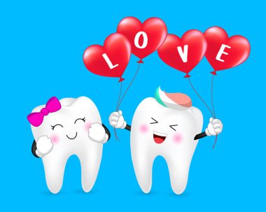 Karakter kırmızı kalp balon ile diş. İki aşık, Happy Valentine's gün kavramı. İllüstrasyon mavi zemin üzerine.