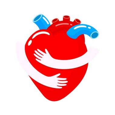 Red heart with hand embrace. Human organ icon design. Health care concept. World heart day. Illustration isolated on white background. clipart