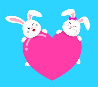 Sevimli çizgi beyaz tavşan tutarak kalpler seviyorum. Sevgililer günün kutlu olsun. Çizgi film karakter tasarımı. İllüstrasyon izole beyaz arka plan üzerinde.