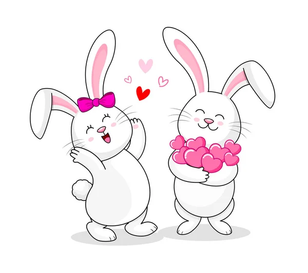 Sevimli Çizgi Beyaz Tavşan Tutarak Kalpler Seviyorum Sevgililer Günün Kutlu — Stok Vektör