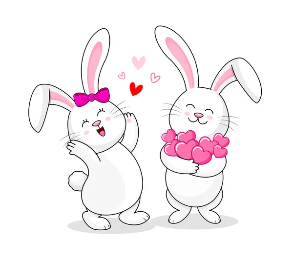 Lindos Conejos Blancos Dibujos Animados Sosteniendo Corazones Amor Feliz Día — Vector de stock