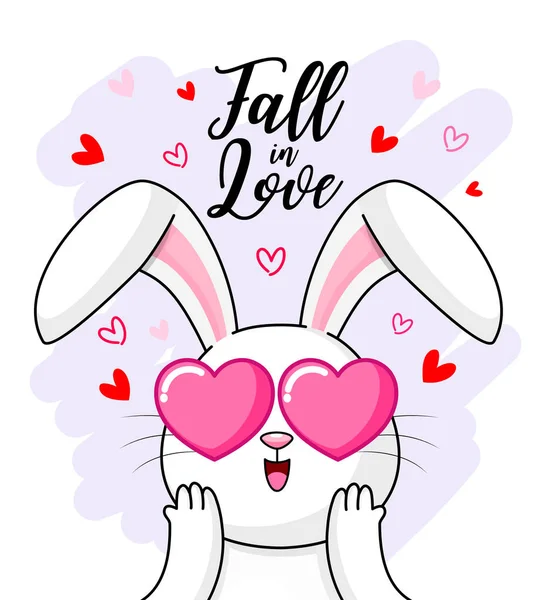 Lindo Conejo Blanco Dibujos Animados Enamorándose Feliz Día San Valentín — Vector de stock