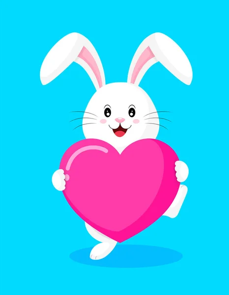 Lindo Conejo Blanco Dibujos Animados Sosteniendo Corazones Amor Feliz Día — Vector de stock