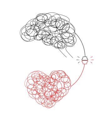 Mantık ve duygu kavramı arasındaki bağlantı. Elle çizilmiş doodle stili beyin ve kalp. Beyaz arka plan üzerinde izole vektör çizim tasarım.