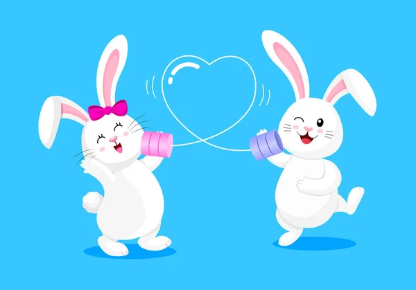 Carino Personaggio Coniglietto Cartone Animato Ragazzo Ragazza Parlare Telefono Amo — Vettoriale Stock