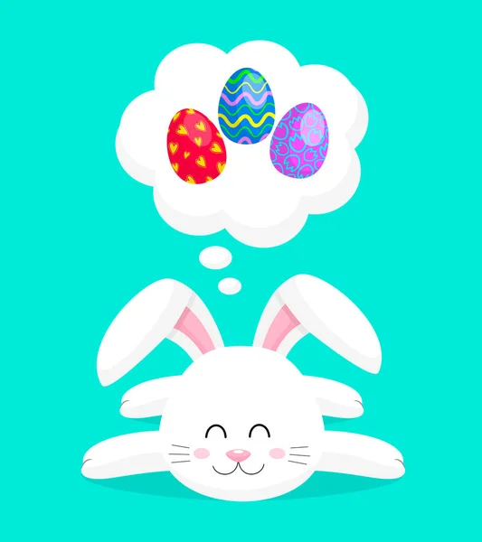 Cute bunny sleep and dreams to Easter eggs. cartoon character. Happy Easter day. Illustration isolated on blue background.