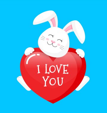 Sevimli çizgi bunny. Bir kalp tutan tatlı tavşan karakter. Sarıl bana, kavram seviyorum. Vektör illüstrasyon izole mavi arka plan üzerinde.
