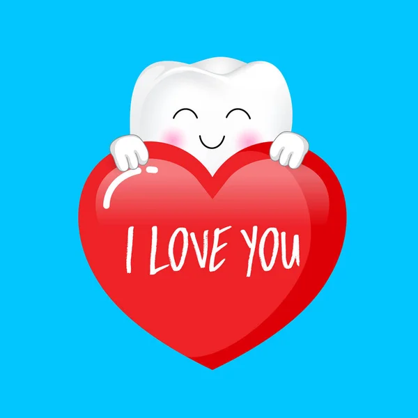 Χαριτωμένα Κινούμενα Σχέδια Χαρακτήρα Δόντι Κρατώντας Μια Καρδιά Αγαπώ Ημέρα — Διανυσματικό Αρχείο