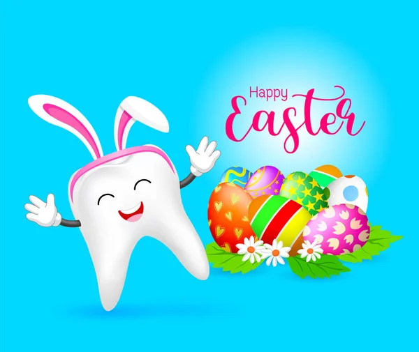 Personaggio Dente Coniglio Con Uova Pasqua Pasqua Dentale Illustrazione Isolata — Vettoriale Stock