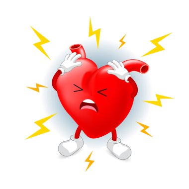 Kalp krizi karakter tasarımı. İç organ bakım veya hastalık veya sağlık üzerinde olumsuz etkisi nedeniyle tıbbi tedavi gerektirir. Sağlık kavramı. İllüstrasyon izole beyaz arka plan üzerinde.