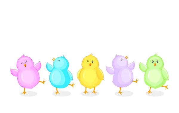 Kleine Kuikens Tekenfilm Verzameling Grappige Kleurrijke Kippen Verschillende Poses Vectorillustratie — Stockvector