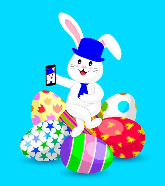 Conejo Blanco Sentado Con Las Piernas Cruzadas Los Huevos Pascua — Vector de stock