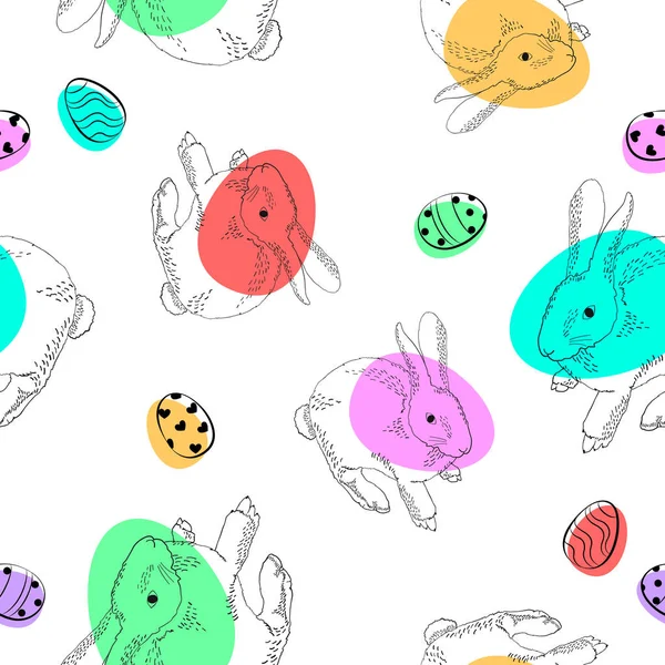 手绘野兔与五颜六色的鸡蛋无缝的图案 复活节概念 在白色背景查出的例证 — 图库矢量图片