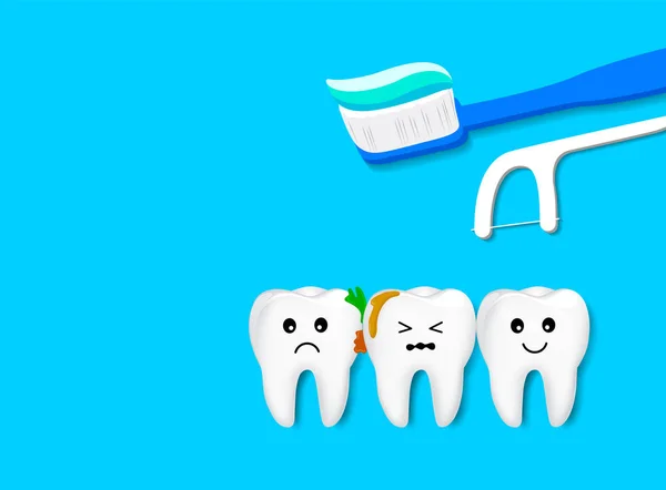 牙齿之间的食物残留物 需要清洗 可爱的卡通牙齿字符与牙刷和牙线 在蓝色背景上被隔绝的向量例证 牙科保健概念 — 图库矢量图片