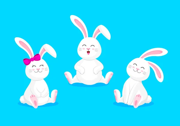 Conejos Blancos Sentados Con Cara Sonriente Lindo Diseño Personajes Dibujos — Vector de stock