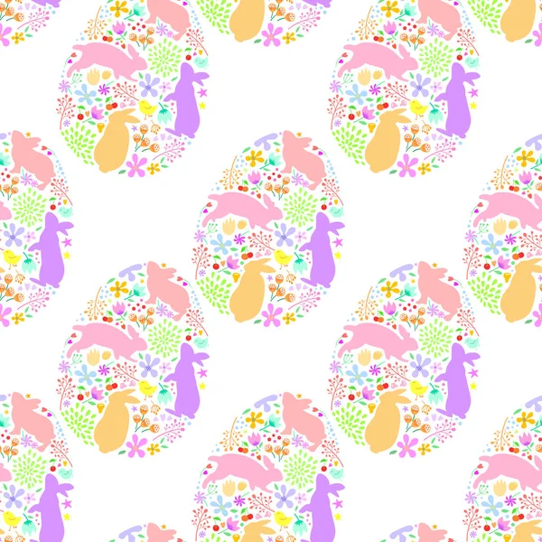 自然とウサギは卵の形で入力します シームレス パターン イースター ホリデーのデザイン要素 白い背景で隔離のベクトル図 — ストックベクタ