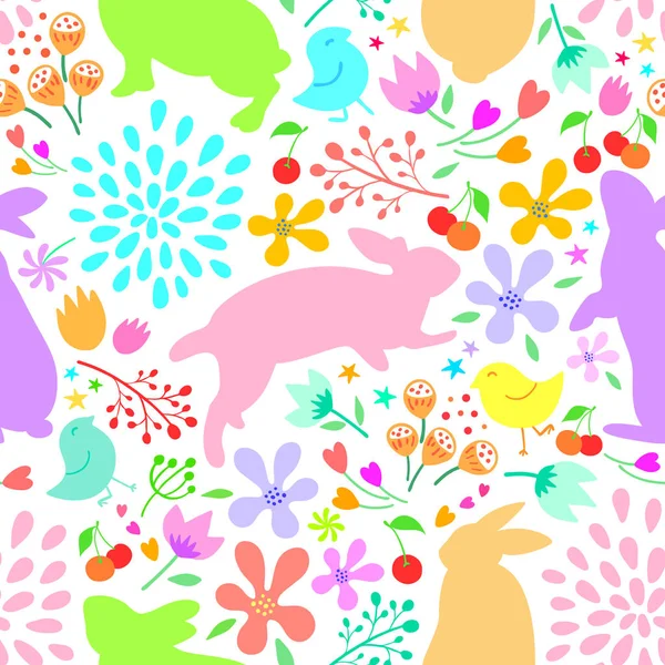 Bunnies Nature Seamless Pattern Easter Holiday Design Element Vector Illustration — Stock Vector