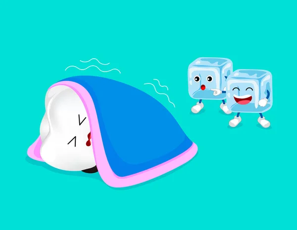 Sensitive tooth. Cute cartoon tooth character with blanket and ice.  Dental care concept.  Illustration on blue background.