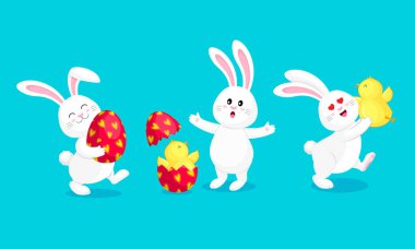 Sevimli çizgi Paskalya tavşanı, karakter tasarımı. Küçük civciv ve yumurta ile üç farklı pozlar. Paskalya tatil kavramı. Vektör illüstrasyon izole mavi arka plan üzerinde.