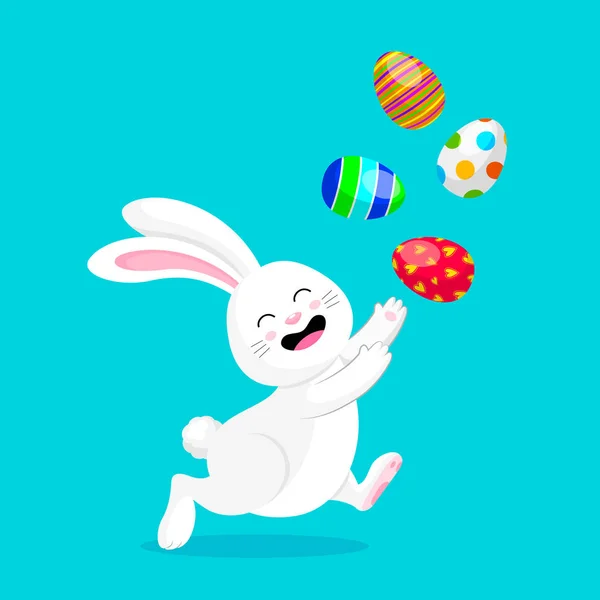 Lindo Conejo Blanco Con Huevos Pascua Diseño Personajes Dibujos Animados — Vector de stock