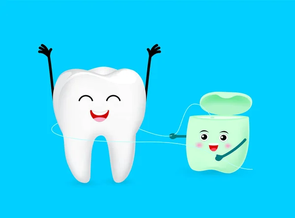 Lindo Personaje Dientes Dibujos Animados Limpiado Con Hilo Dental Concepto — Archivo Imágenes Vectoriales