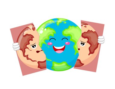 Küre önce ve sonra. Kirliliği ve güzel dünya. Dünya kavramı değiştirin. İllüstrasyon izole beyaz arka plan üzerinde.