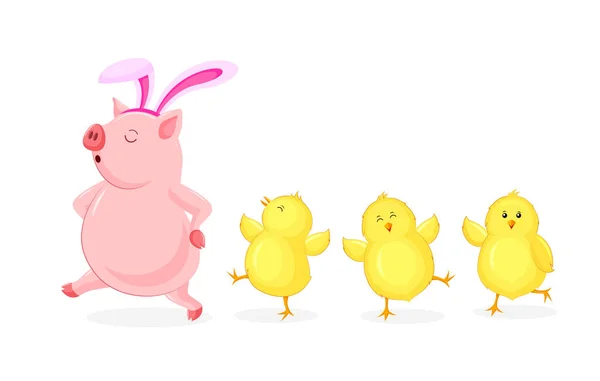 Мультфільм Свині Кроликом Вухо Ходьбі Маленькими Курчат Симпатичні Щасливий День — стоковий вектор