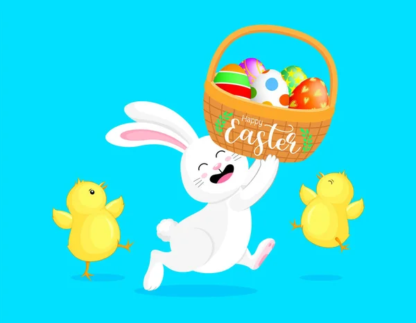 Küçük Civciv Paskalya Yumurta Sepeti Ile Beyaz Tavşan Karikatür Karakter — Stok Vektör