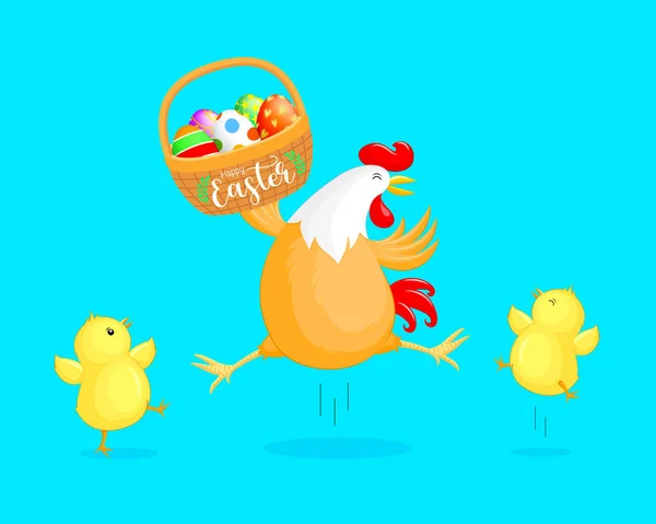 Schattige Cartoon Kip Met Kleine Kuikens Easter Egg Basket Cartoon — Stockvector