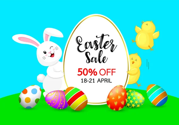 Easter Sale White Rabbit Little Chicks Cartoon Character Design Oval — Stock Vector