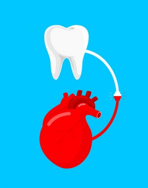 İnsan kalbi ve diş kavramı arasındaki bağlantı. Ağız sağlığı ve kalp hastalıkları birbirine bağlıdır. Vektör İllüstrasyon tasarımı mavi arka plan üzerinde izole.