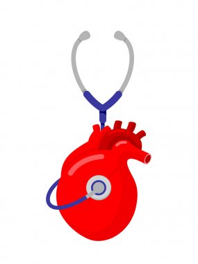 İnsan kalp şeklinde stetoskop. Kalbi kontrol etmek, tıbbi konsept. Beyaz arka planda yalıtılmış vektör çizimi.