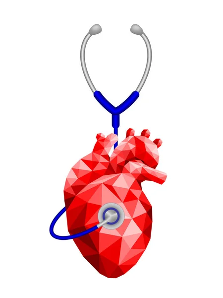 听诊器在人的心脏 世界心脏日 图标设计 多边形样式 在白色背景上隔离的插图 — 图库矢量图片
