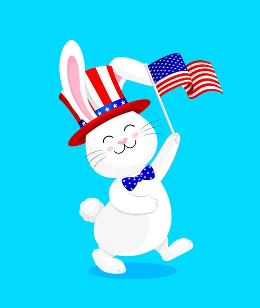 모자를 토끼는 아메리칸 플래그를 보유하고 있습니다 행복한 기념일 파란색 배경에 — 스톡 벡터