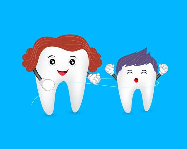 Roztomilý Kreslený Rodinný Zub Očištěný Zubní Flošou Koncepce Zubní Péče — Stockový vektor