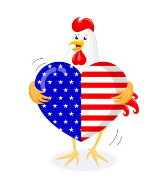 Kalp şeklinde Amerika Birleşik Devletleri bayrağı tutan Sevimli karikatür tavuk. 4 Temmuz. Bağımsızlık günün kutlu olsun. Beyaz arka planda yalıtılmış çizim.