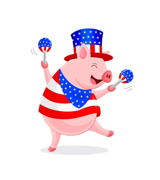 アメリカの衣装とマラカスと面白い漫画の豚のキャラクター 7月4日独立記念日おめでとう白い背景に分離されたイラスト — ストックベクタ