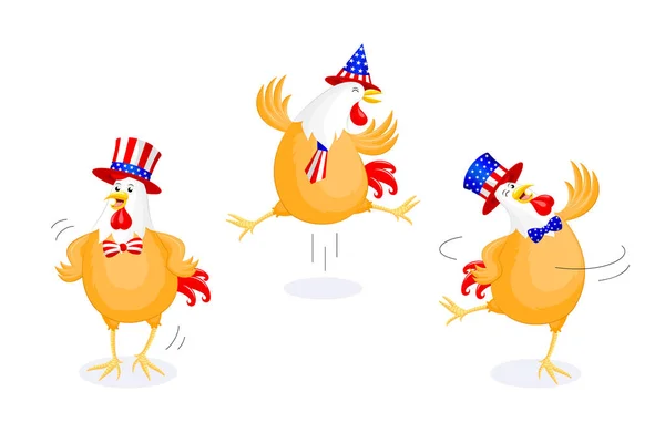 Гарненька Мультфільм Курячі Стрибки Танці Американським Капелюхом Липня Днем Незалежності — стоковий вектор