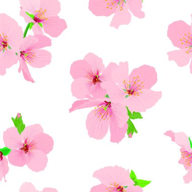 Tekstil için uygun rasgele bir düzenleme kare formatında Bahar sembolik pembe Sakura çiçeği veya Japon çiçekli kiraz Dikişsiz arka plan deseni. Beyaz üzerine yalıtılmış vektör çizimi.