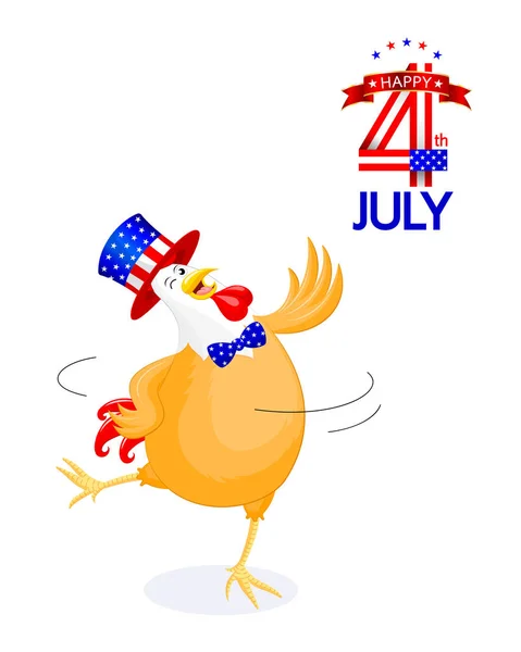 Cute Cartoon Kurczaka Stojący Amerykańskim Kapeluszem Lipca Szczęśliwego Dnia Niepodległości — Wektor stockowy