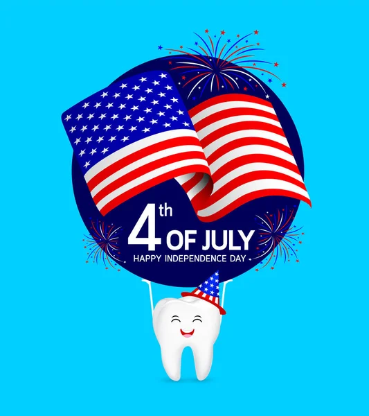 アメリカの帽子とかわいい漫画の歯 アメリカの独立記念日 米国の第 月の祭典の愛国心のための概念 — ストックベクタ