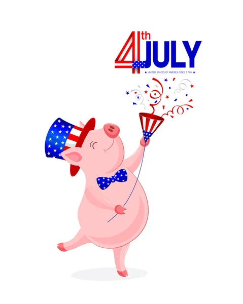 アメリカの帽子と紙の撮影とかわいい漫画の豚 アメリカにおける愛国心と独立記念日の祝賀の概念 米国の7月4日 白い背景のイラスト — ストックベクタ